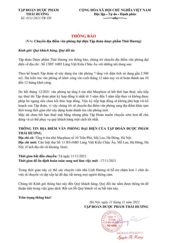 Thông báo chuyển địa điểm văn phòng đại diện Tập đoàn dược phẩm Thái Hương