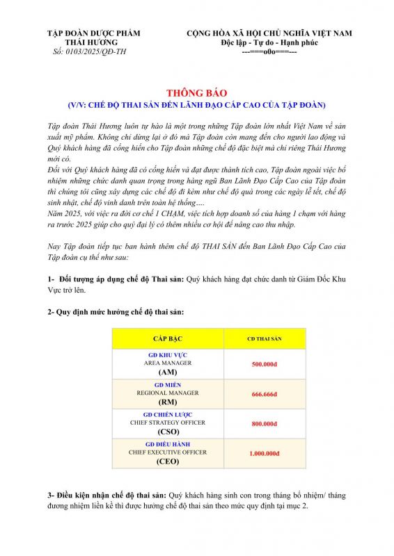 Thông báo chế độ thai sản đến các lãnh đạo cấp cao của Tập Đoàn